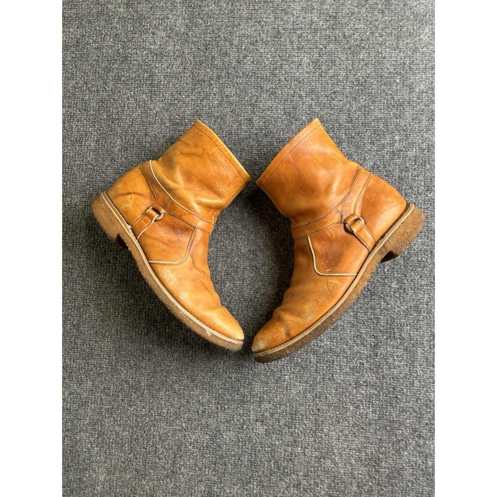 Men's Brown Leather Harness Engineer Ankle Boots Side Zip, Size US 11.5 M